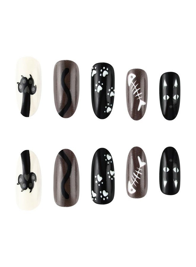 TOGZOM Halloween Press on Nails Short Oval Fake Nails Balck Cat Acrylic Nails with Designs Stray Cat Glue on Nails Short Almond False Nails Stick on Nails for Women Nails Deco 24Pcs - Image 2